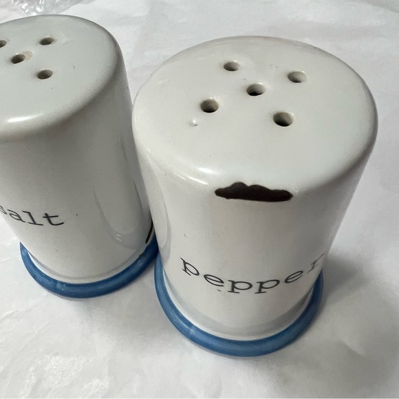 Vintage Look Ceramic Salt & Pepper Shakers White with Black Lettering & Blue Rim - Picture 2 of 7